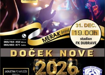 Svečani doček Nove 2026. godine uz Merak bend na stadionu FK Dubrave