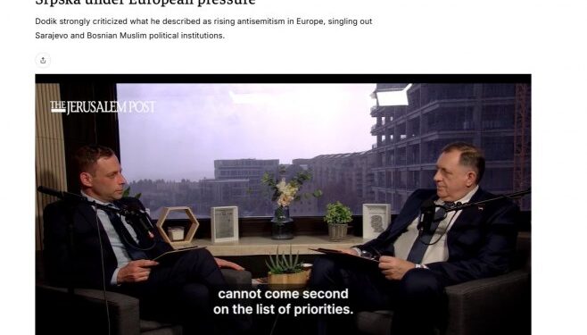 Dodik za “Jerusalim post”: “Republika Srpska je Izrael Balkana”